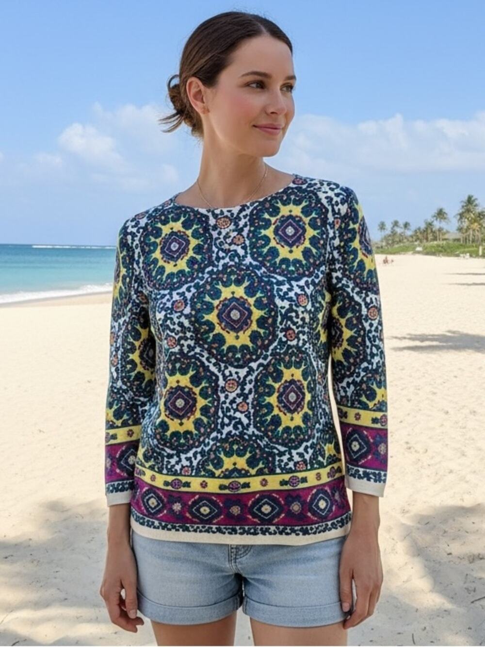 Talbots 100% Fine Merino Wool Sweater Medallion Paisley 3/4 Sleeve Size Medium